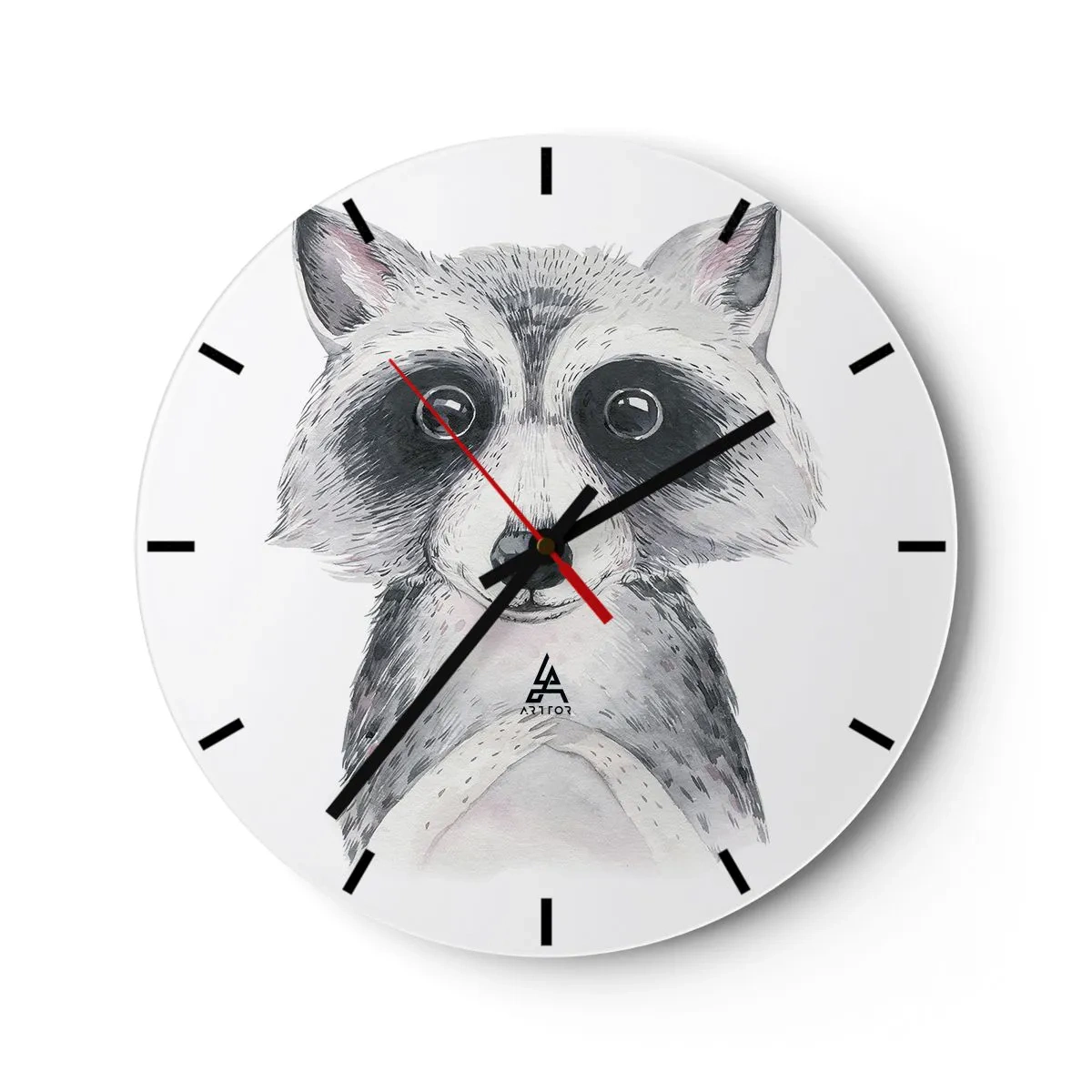 Reloj de pared - Reloj de vidrio - Un lindo mapache dibujado en blanco y negro. - 30x30cm - Un momento para la emoción - Decoración de pared moderna para salón, cocina y dormitorio ARTTOR
