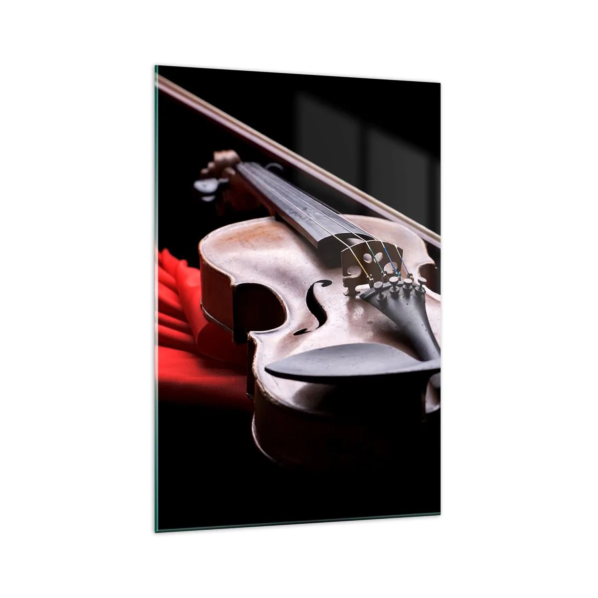 Cuadro sobre vidrio - Impresiones sobre Vidrio - Violín sobre tela roja con fondo negro. - 70x100cm - Música de sentimientos - Decoración de pared moderna para salón y dormitorio ARTTOR