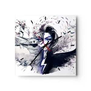 Reloj de pared - Reloj de vidrio - Rostro abstracto con elementos contrastantes y motivo de ala. - 30x30cm - Demoníaca y hermosa - Decoración de pared moderna para salón y dormitorio ARTTOR