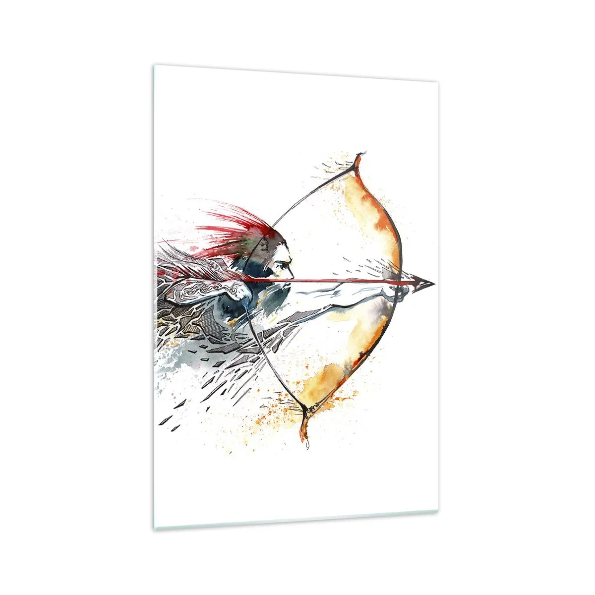 Cuadro sobre vidrio - Impresiones sobre Vidrio - Pintura dinámica de acuarela de un guerrero con arco y flecha. - 70x100cm - Guerrero mítico con arco de fuego - Decoración de pared moderna para salón y dormitorio ARTTOR
