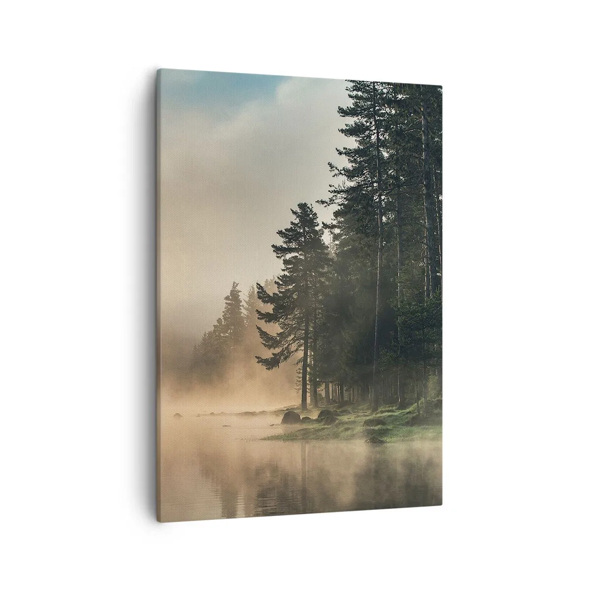 Cuadro sobre lienzo - Impresión de Imagen - Un bosque brumoso sobre un lago tranquilo. - 50x70cm - El nacimiento de un día - Decoración de pared moderna para salón y dormitorio ARTTOR