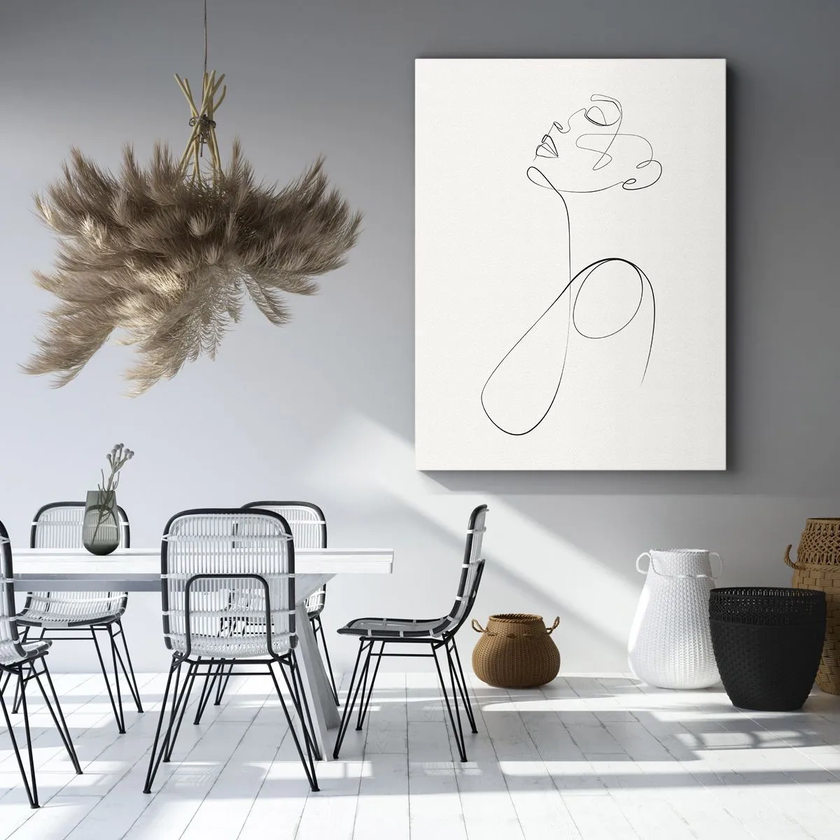 Cuadro sobre lienzo - Impresión de Imagen - Dibujo de rostro en arte lineal minimalista sobre fondo blanco - 70x100cm - En el bucle de los sueños - Decoración de pared moderna para salón y dormitorio ARTTOR