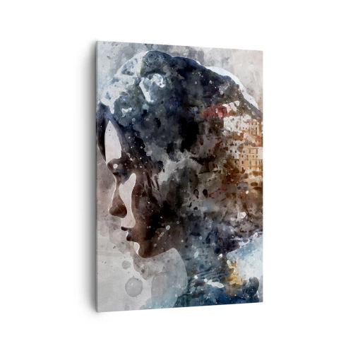 Cuadro sobre lienzo - Impresión de Imagen - Retrato de una mujer que combina su rostro con un paisaje urbano de fondo. - 70x100cm - Una historia sobre una niña con una ciudad de fondo - Decoración de pared moderna para salón y dormitorio ARTTOR