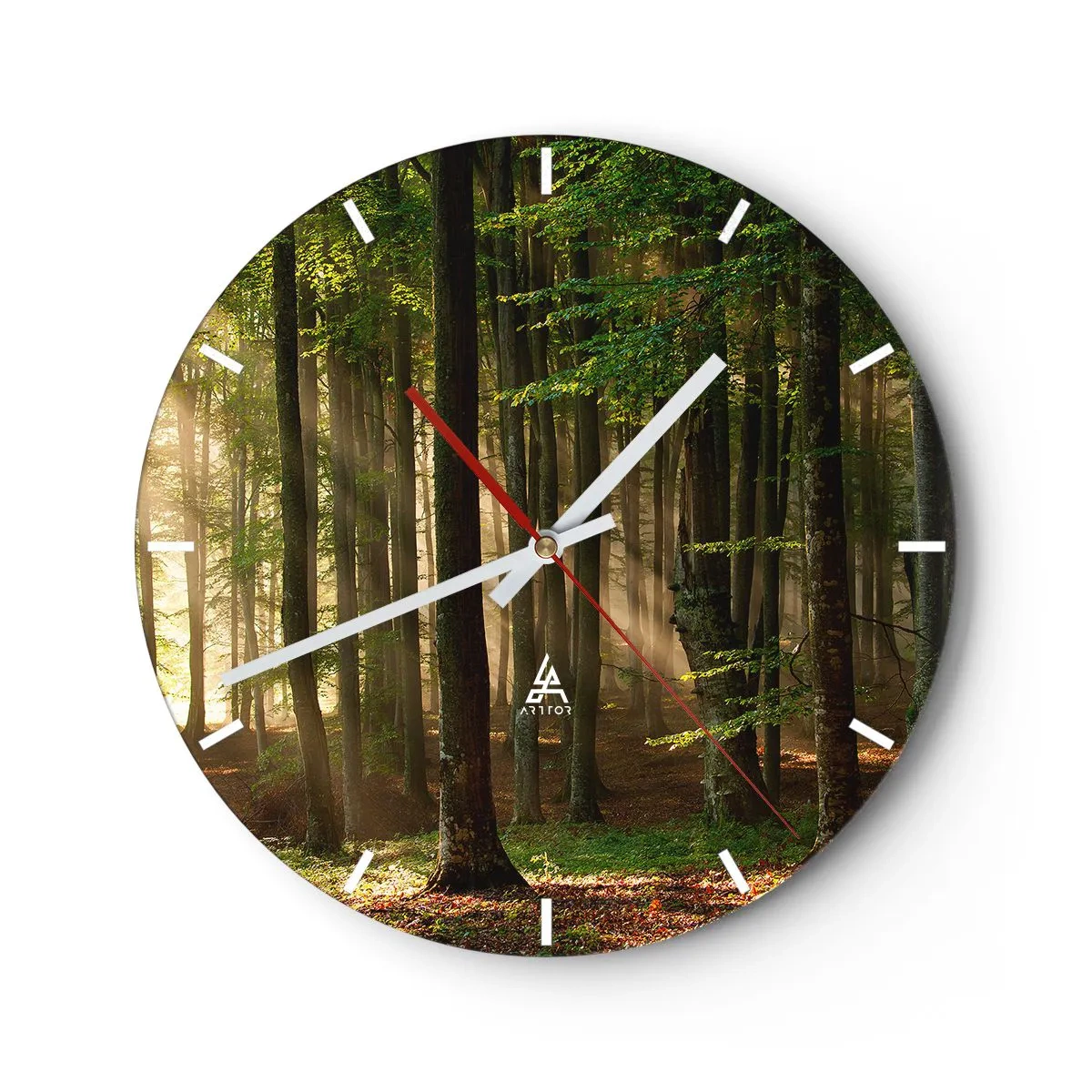 Reloj de pared - Reloj de vidrio - Los rayos del sol brillan a través de los árboles del bosque. - 30x30cm - Radiante en una mañana de primavera - Decoración de pared moderna para salón, cocina y dormitorio ARTTOR