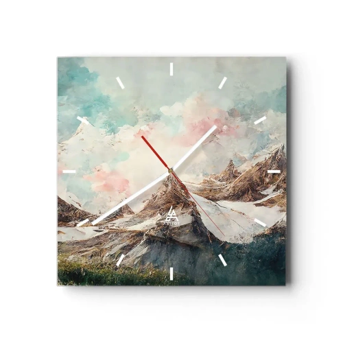 Reloj de pared - Reloj de vidrio - Montañas pintorescas con cielos pastel - 30x30cm - Filos rocosos - Decoración de pared moderna para salón y dormitorio ARTTOR