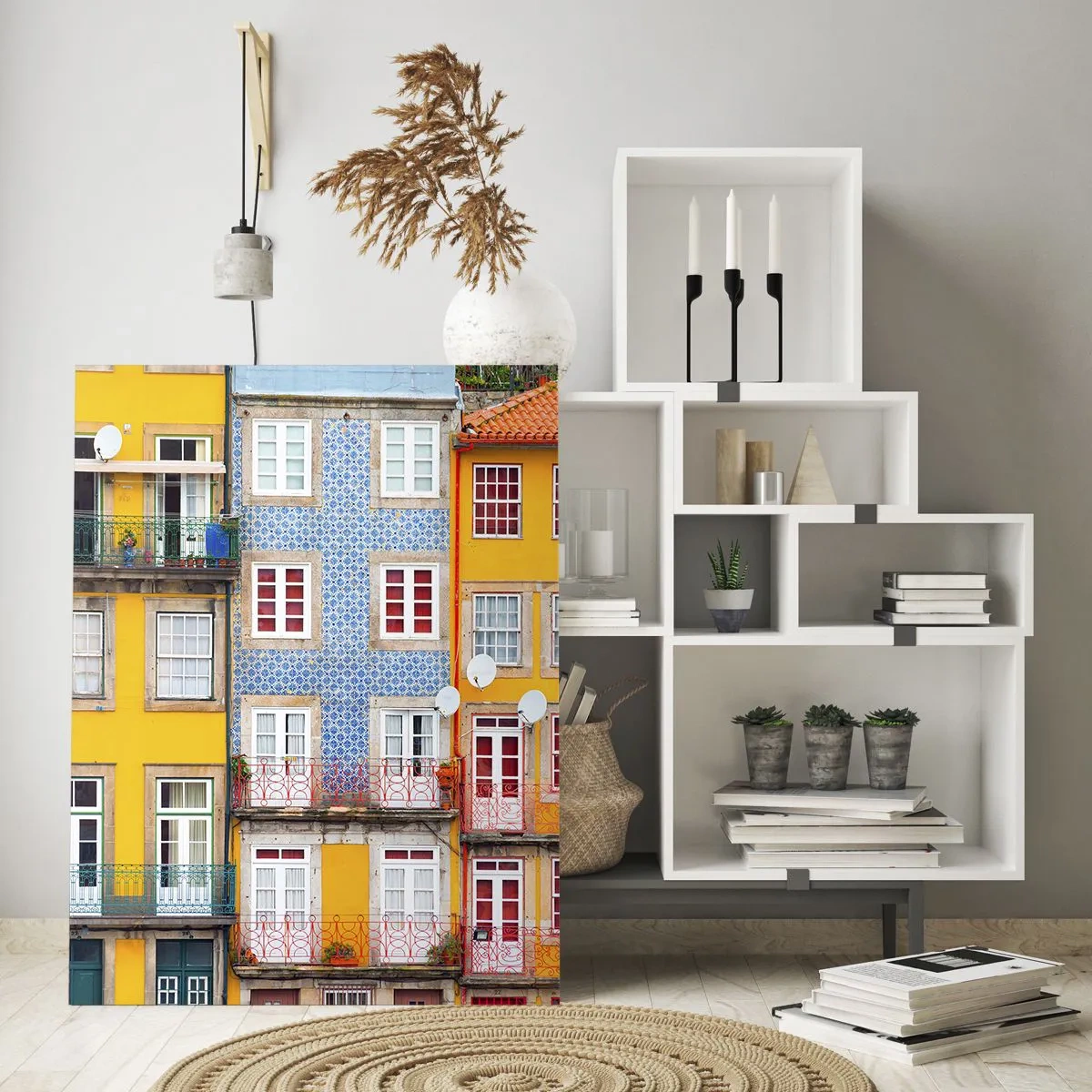 Cuadro sobre vidrio - Impresiones sobre Vidrio - Fachadas coloridas de casas de vecindad en el paisaje urbano - 80x120cm - Los colores de la ciudad vieja - Decoración de pared moderna para salón y dormitorio ARTTOR