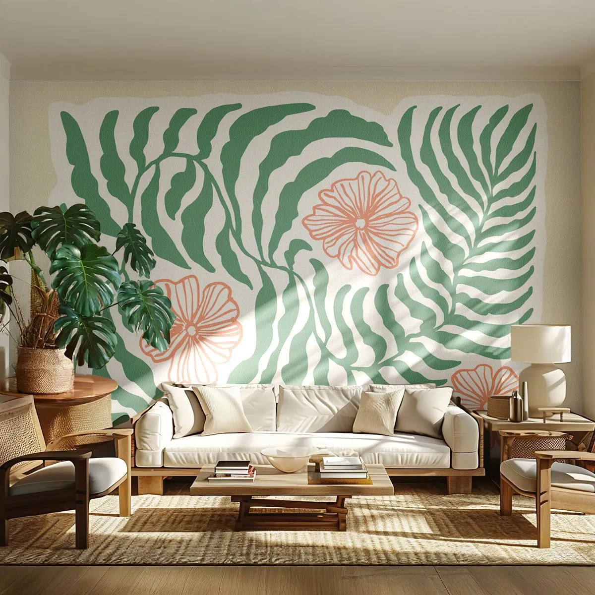 Fotomural Premium Sand - Florecido en verde - bohemia, Botánico, flores - 150x105 cm