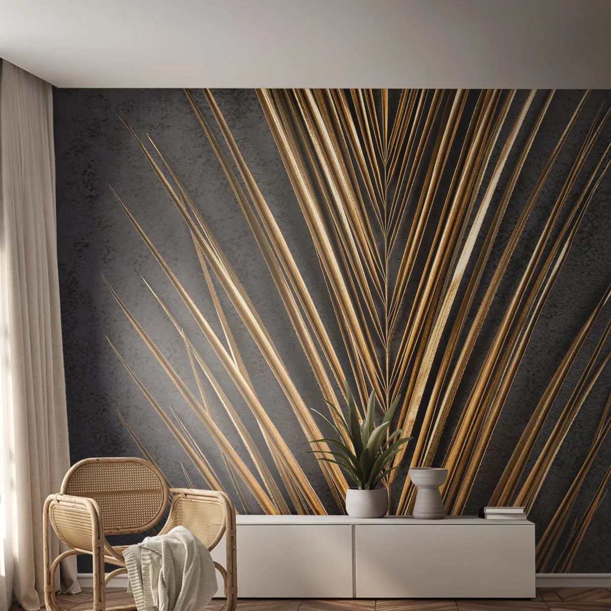 Fotomural Premium Sand - Hoja de palma dorada sobre un fondo oscuro - 100x70cm - El oro de los trópicos - Decoración de pared moderna para salón y dormitorio ARTTOR