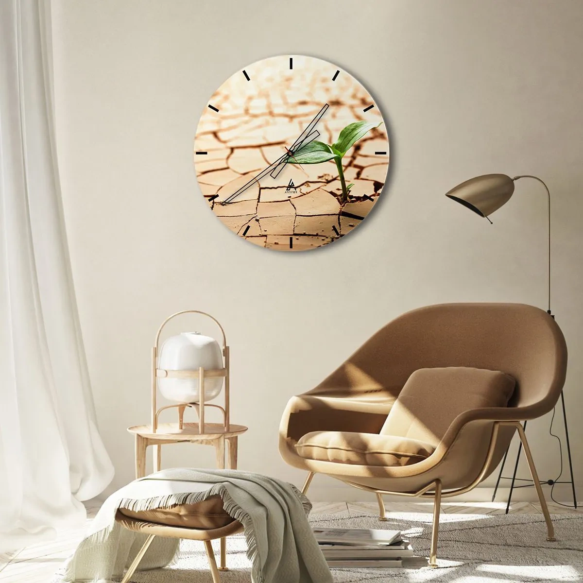 Reloj de pared - Reloj de vidrio - Un brote verde que crece en la tierra seca. - 30x30cm - El poder indomable de la vida - Decoración de pared moderna para salón, cocina y dormitorio ARTTOR