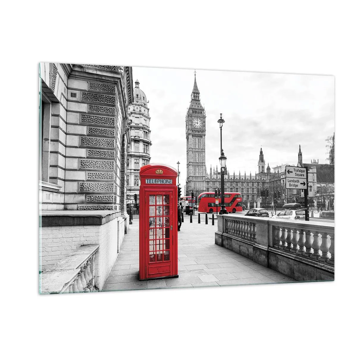 Cuadro sobre vidrio - Impresiones sobre Vidrio - Londres en blanco y negro con una cabina telefónica roja y un autobús - 120x80cm - Sin duda, Londres - Decoración de pared moderna para salón y dormitorio ARTTOR