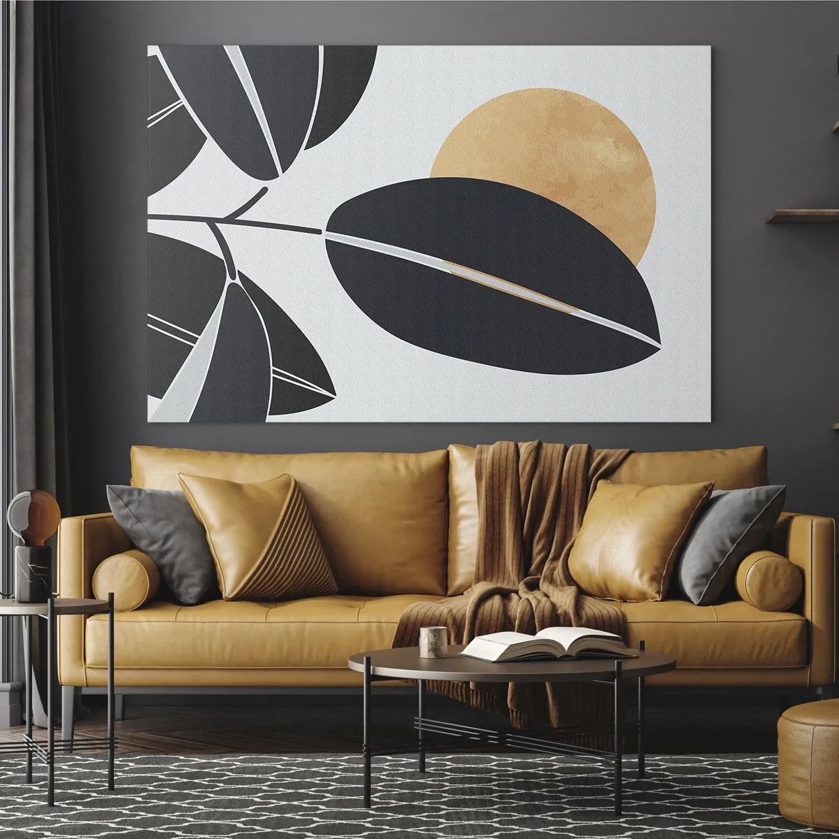 Cuadro sobre vidrio - Impresiones sobre Vidrio - Hojas estilizadas en negro con un sol naranja en el fondo. - 70x50cm - Un día de verano caluroso - Decoración de pared moderna para salón y dormitorio ARTTOR