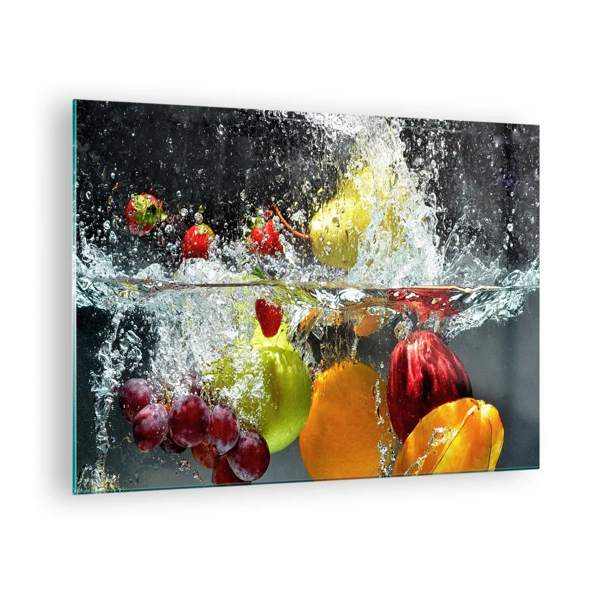 Cuadro sobre vidrio - Impresiones sobre Vidrio - Fruta sumergida en agua con salpicaduras dinámicas. - 70x50cm - Refresco afrutado - Decoración de pared moderna para salón y dormitorio ARTTOR