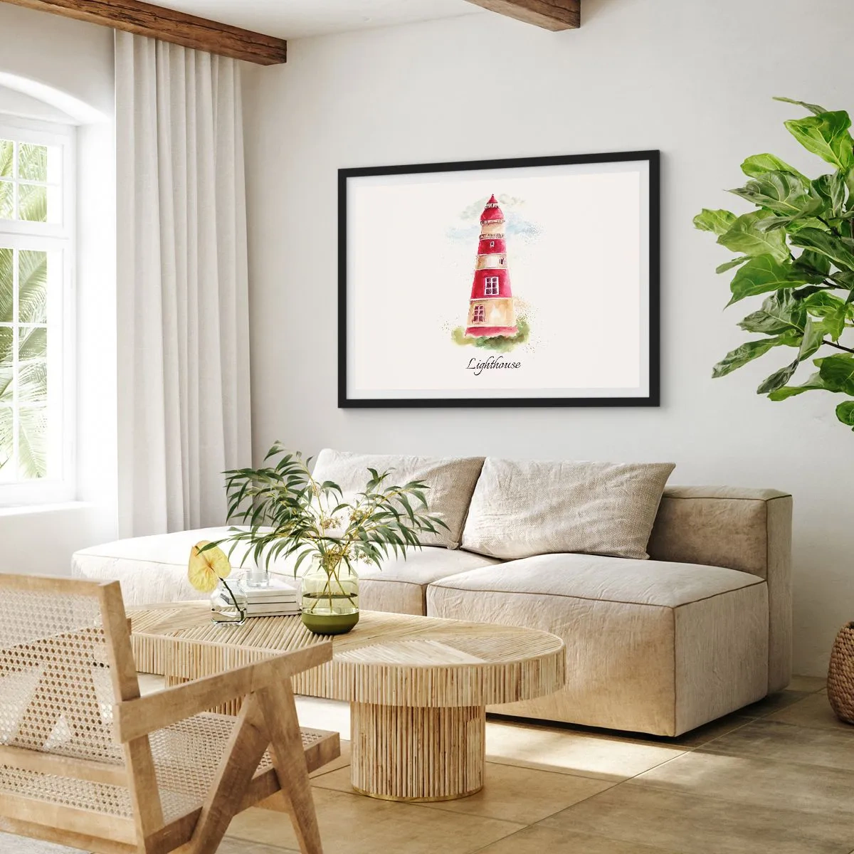 Póster en marco negro - Una pintura de acuarela de un faro sobre un fondo claro con una inscripción. - 70x50cm - Siempre observando - Decoración de pared moderna para salón y dormitorio ARTTOR