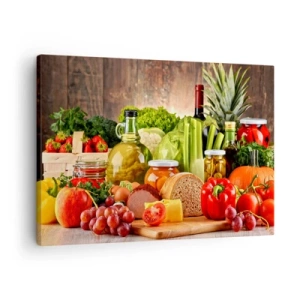 Cuadro sobre lienzo - Impresión de Imagen - Frutas, verduras y productos alimenticios coloridos. - 70x50cm - La mesa está lista - Decoración de pared moderna para salón y dormitorio ARTTOR
