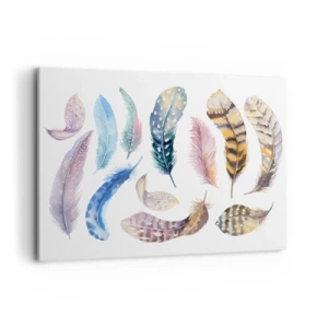Cuadro sobre lienzo - Impresión de Imagen - Plumas de colores en un delicado estilo de acuarela. - 100x70cm - Ligero, colorido y multicolor - Decoración de pared moderna para salón y dormitorio ARTTOR
