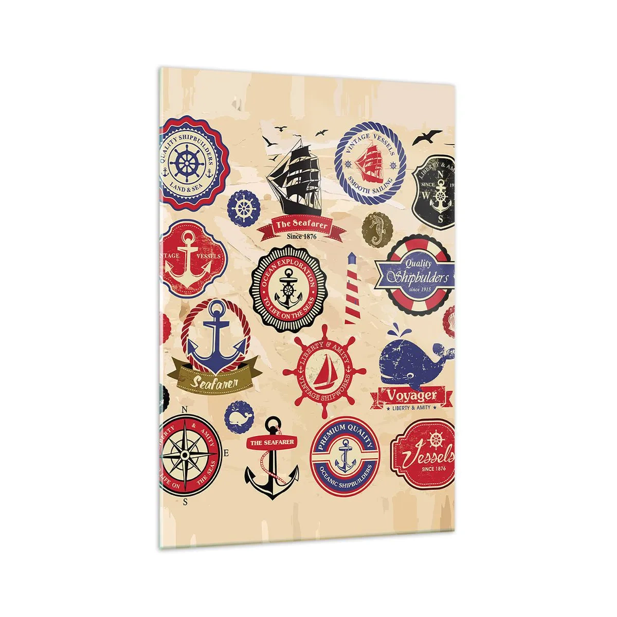 Cuadro sobre vidrio - Impresiones sobre Vidrio - Una colección de gráficos y símbolos náuticos sobre un fondo claro. - 70x100cm - Una fraternidad del mar - Decoración de pared moderna para salón y dormitorio ARTTOR