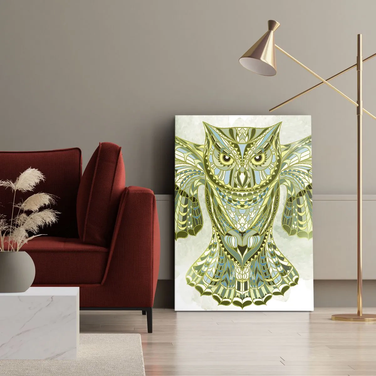 Cuadro sobre lienzo - Impresión de Imagen - Búho decorativo en tonos azules. - 50x70cm - De una arboleda sagrada celta - Decoración de pared moderna para salón y dormitorio ARTTOR