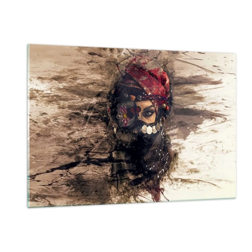 Cuadro sobre vidrio - Impresiones sobre Vidrio - Retrato de una mujer misteriosa con un turbante rojo. - 120x80cm - Inquietante, como mínimo - Decoración de pared moderna para salón y dormitorio ARTTOR