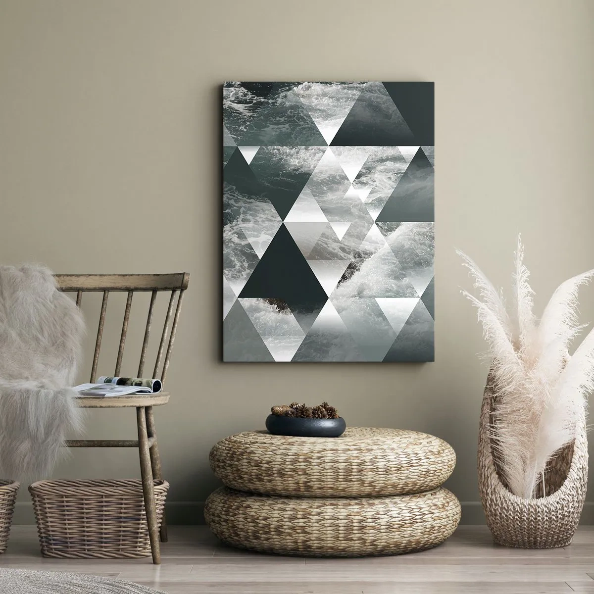 Cuadro sobre lienzo - Impresión de Imagen - Patrón geométrico con motivo de ondas en tonos verdes. - 50x70cm - Una perspectiva de cristal - Decoración de pared moderna para salón y dormitorio ARTTOR