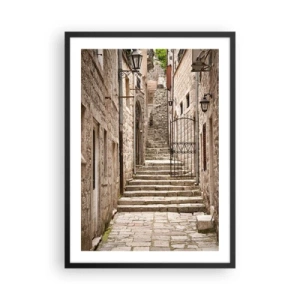 Póster en marco negro - Una calle de piedra con escaleras históricas y faroles. - 50x70cm - Una antigua calle mágica - Decoración de pared moderna para salón y dormitorio ARTTOR