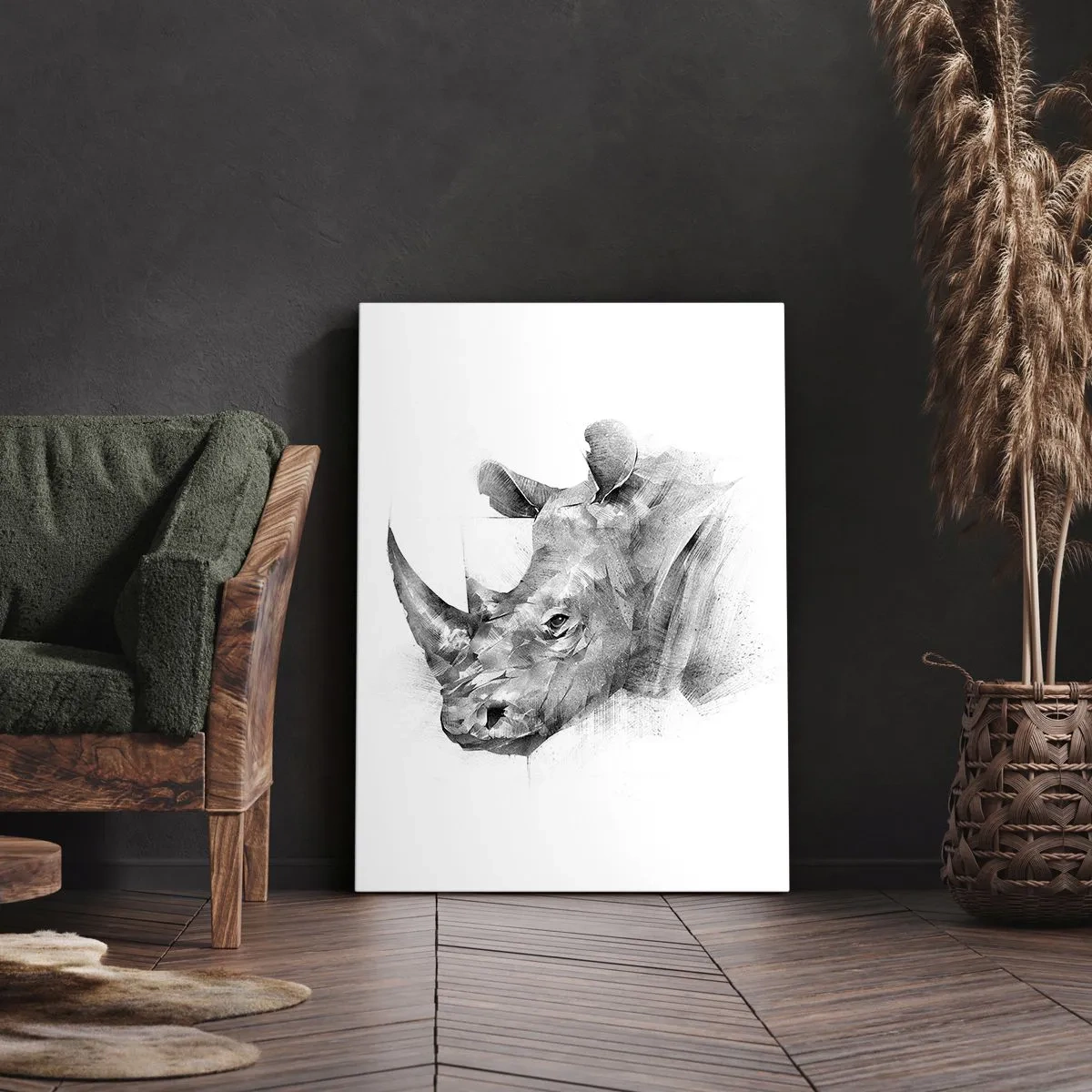 Cuadro sobre lienzo - Impresión de Imagen - Retrato artístico de un rinoceronte en blanco y negro. - 50x70cm - Retrato africano - Decoración de pared moderna para salón y dormitorio ARTTOR
