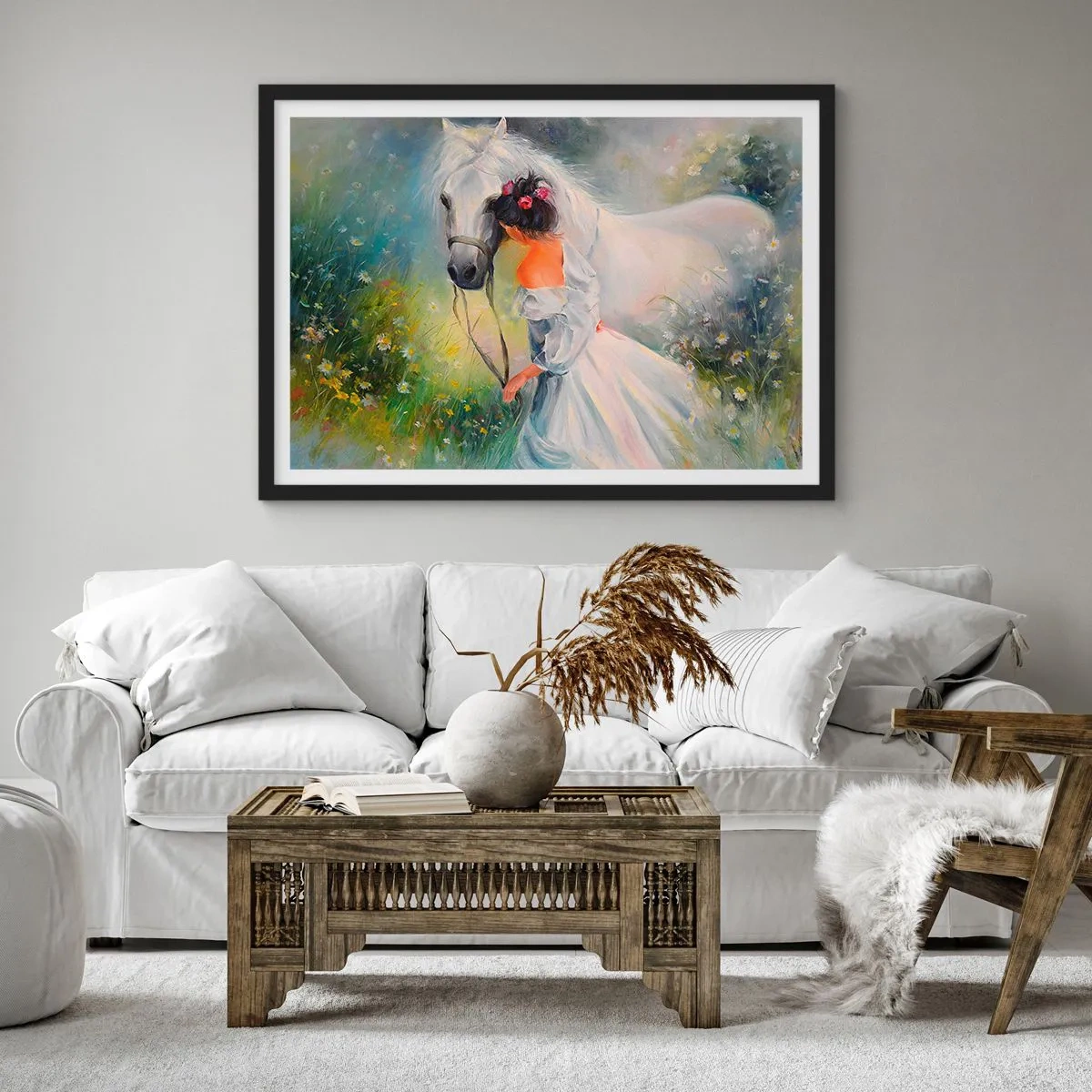 Póster en marco negro - Una mujer con un caballo blanco en un entorno pintoresco. - 70x50cm - Como si de un hermoso sueño se tratara - Decoración de pared moderna para salón y dormitorio ARTTOR