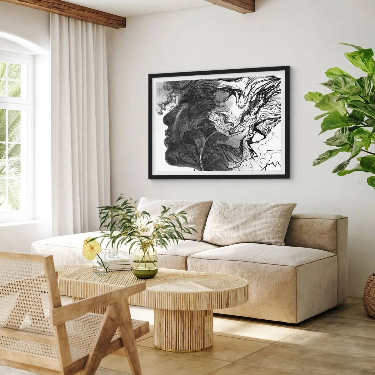 Póster en marco negro - Rostro abstracto en blanco y negro con líneas dinámicas. - 70x50cm - Enredada en sueños - Decoración de pared moderna para salón y dormitorio ARTTOR