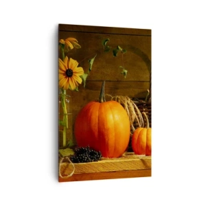 Cuadro sobre lienzo - Impresión de Imagen - Composición otoñal con calabazas y flores sobre un fondo de madera. - 80x120cm - Composición rústica - regalos de otoño - Decoración de pared moderna para salón y dormitorio ARTTOR