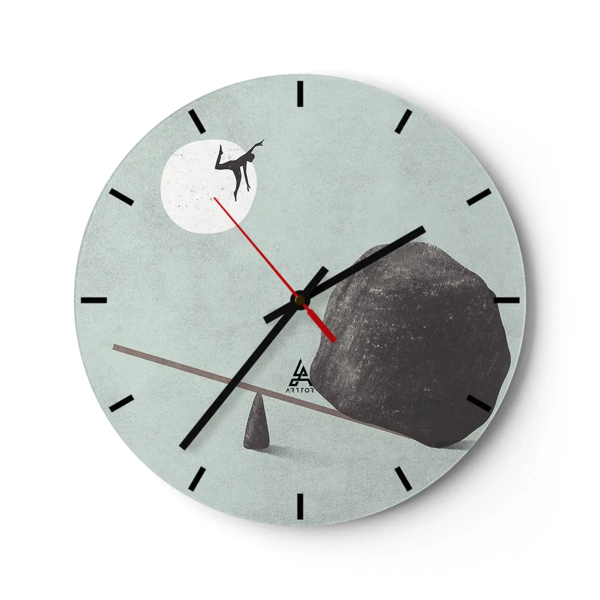 Reloj de pared - Reloj de vidrio - Un personaje es catapultado desde un balancín por una roca hacia la luna. - 30x30cm - Un sueño hecho realidad - Decoración de pared moderna para salón, cocina y dormitorio ARTTOR