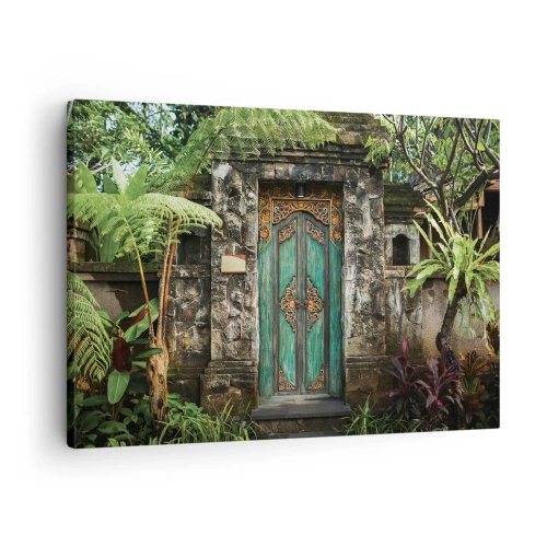 Cuadro sobre lienzo - Impresión de Imagen - Puertas decorativas rodeadas de vegetación tropical. - 70x50cm - Una puerta a un mundo exótico - Decoración de pared moderna para salón y dormitorio ARTTOR