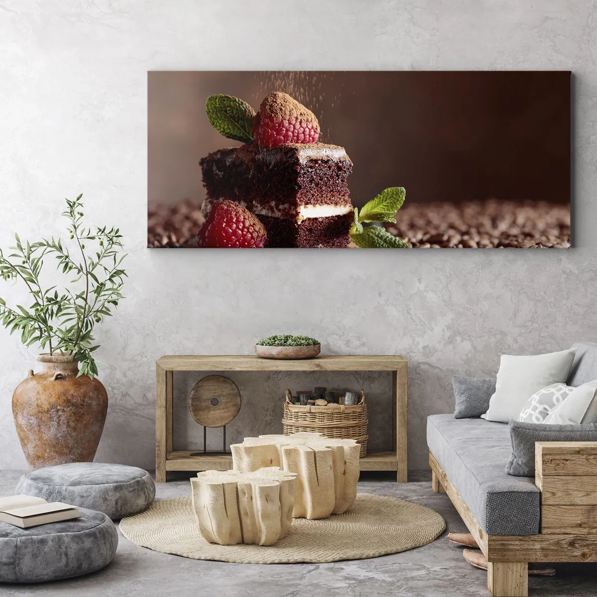 Cuadro sobre lienzo - Impresión de Imagen - Pastel de chocolate con frambuesas y menta sobre un fondo de granos de cacao. - 140x50cm - La vida es dulce - Decoración de pared moderna para salón y dormitorio ARTTOR