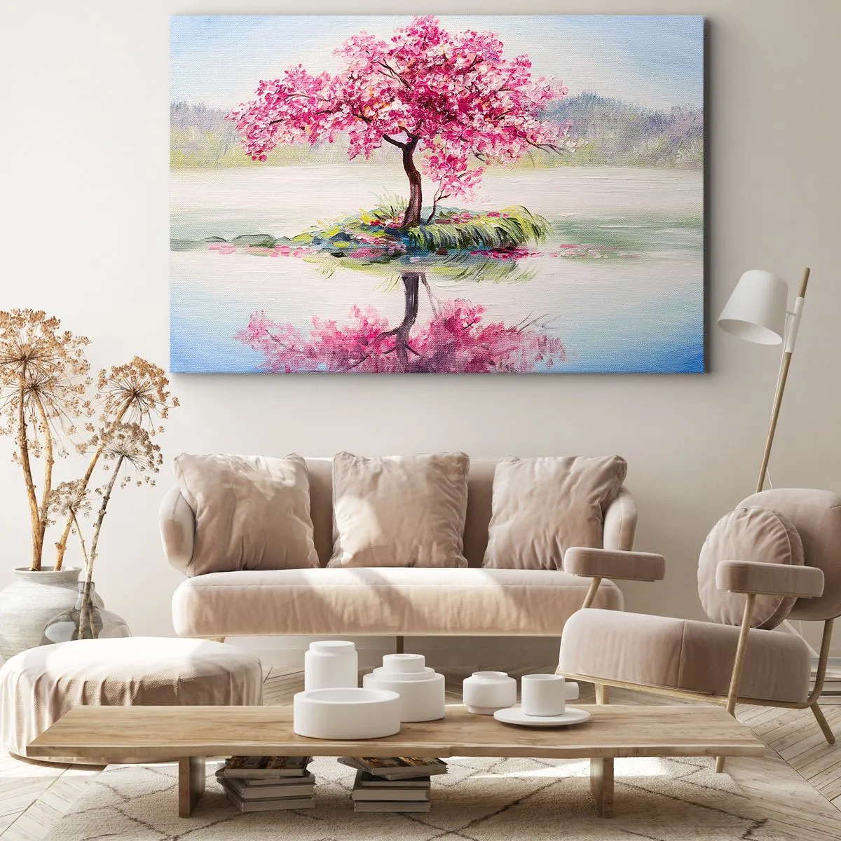 Cuadro sobre lienzo - Impresión de Imagen - Un árbol en flor en aguas tranquilas - 70x50cm - Una celebración de la primavera - Decoración de pared moderna para salón y dormitorio ARTTOR