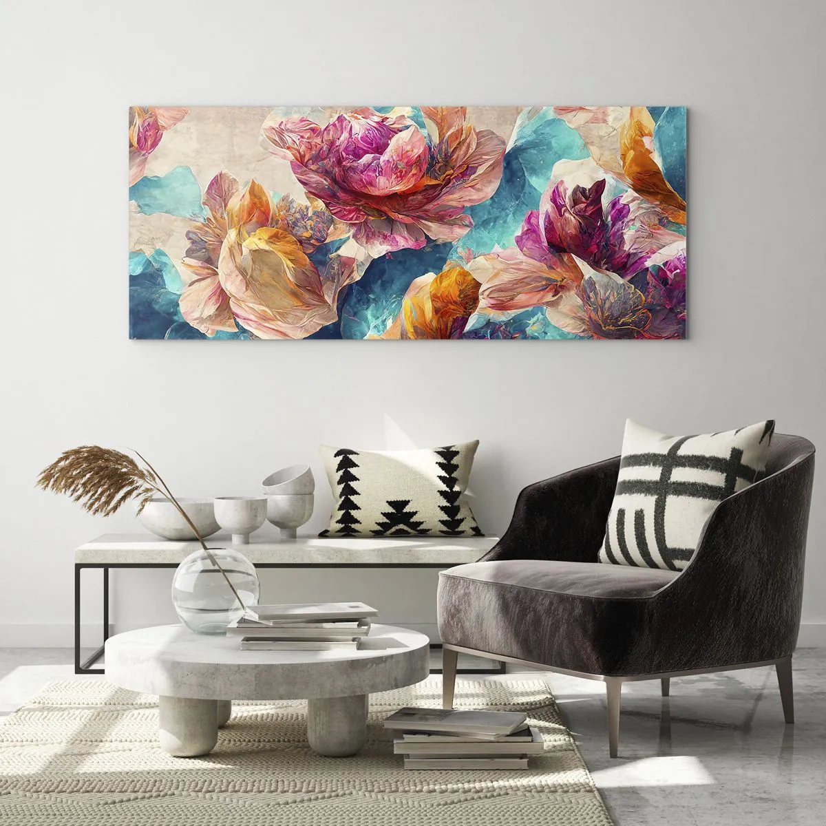 Cuadro sobre vidrio - Impresiones sobre Vidrio - Flores de colores sobre un fondo beige - 160x50cm - El colorido esplendor de un ramo - Decoración de pared moderna para salón y dormitorio ARTTOR