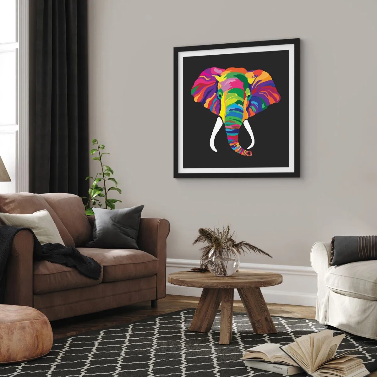 Póster en marco negro - El elefante al que le gustaba bañarse en el arco iris - 50x50 cm