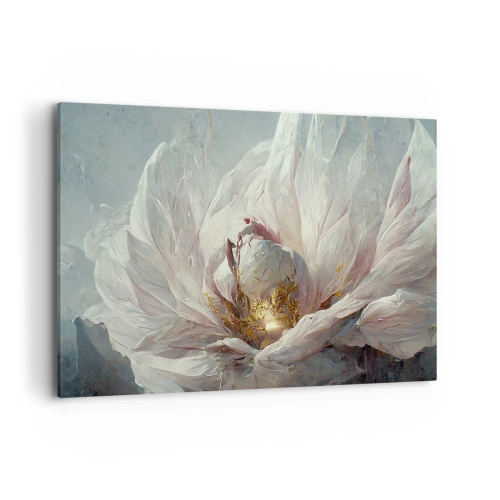 Cuadro sobre lienzo - Impresión de Imagen - Una delicada flor blanca con sutiles acentos dorados. - 120x80cm - Florece una vez cada cien años - Decoración de pared moderna para salón y dormitorio ARTTOR