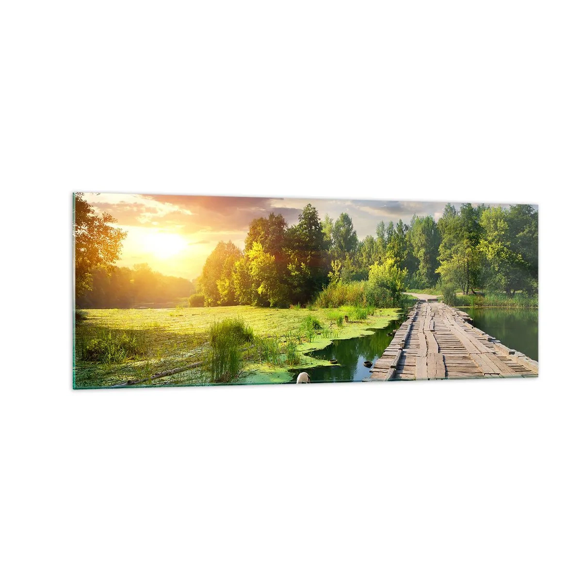 Cuadro sobre vidrio - Impresiones sobre Vidrio - Un paisaje pintoresco con un puente y un cisne. - 140x50cm - Verano, verano en todas partes - Decoración de pared moderna para salón y dormitorio ARTTOR