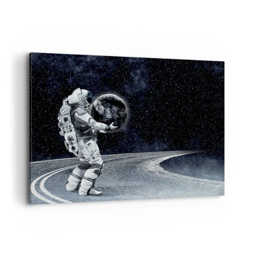 Cuadro sobre lienzo - Impresión de Imagen - Astronauta con la Tierra contra el cielo estrellado - 100x70cm - En la Vía Láctea - Decoración de pared moderna para salón y dormitorio ARTTOR