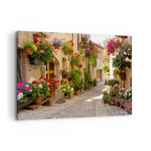 Cuadro sobre lienzo - Impresión de Imagen - Una calle con flores en macetas y muros de piedra. - 100x70cm - En un torrente de flores - Decoración de pared moderna para salón y dormitorio ARTTOR