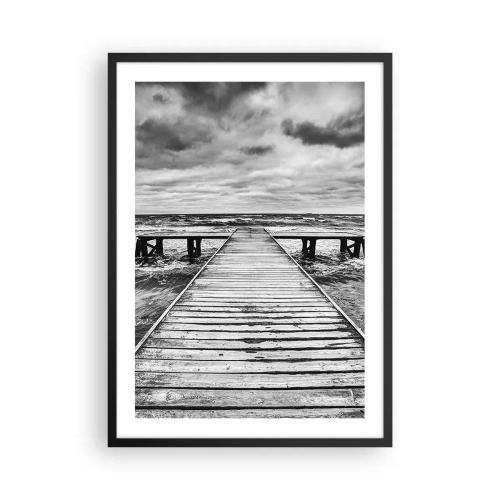 Póster en marco negro - Un muelle de madera en blanco y negro sobre un mar tempestuoso. - 50x70cm - Estoy esperando que sople el viento... - Decoración de pared moderna para salón y dormitorio ARTTOR