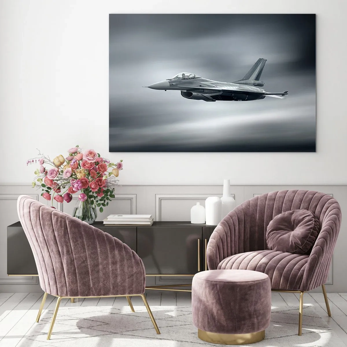 Cuadro sobre vidrio - Impresiones sobre Vidrio - Un avión de combate en vuelo contra un cielo nublado. - 100x70cm - ¿Quieres un reto? - Decoración de pared moderna para salón y dormitorio ARTTOR