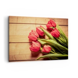 Cuadro sobre lienzo - Impresión de Imagen - Un ramo de tulipanes rosas sobre un fondo de madera. - 100x70cm - Una confesión primaveral - Decoración de pared moderna para salón y dormitorio ARTTOR