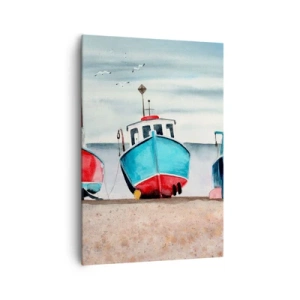Cuadro sobre lienzo - Impresión de Imagen - Coloridos barcos de pesca en la orilla en un paisaje marino - 70x100cm - Listos para la pesca - Decoración de pared moderna para salón y dormitorio ARTTOR