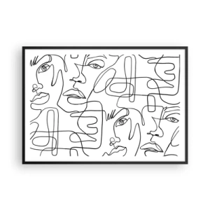 Póster en marco negro - Un dibujo minimalista de una cara con líneas sobre un fondo claro. - 100x70cm - Entre emociones enredadas - Decoración de pared moderna para salón y dormitorio ARTTOR