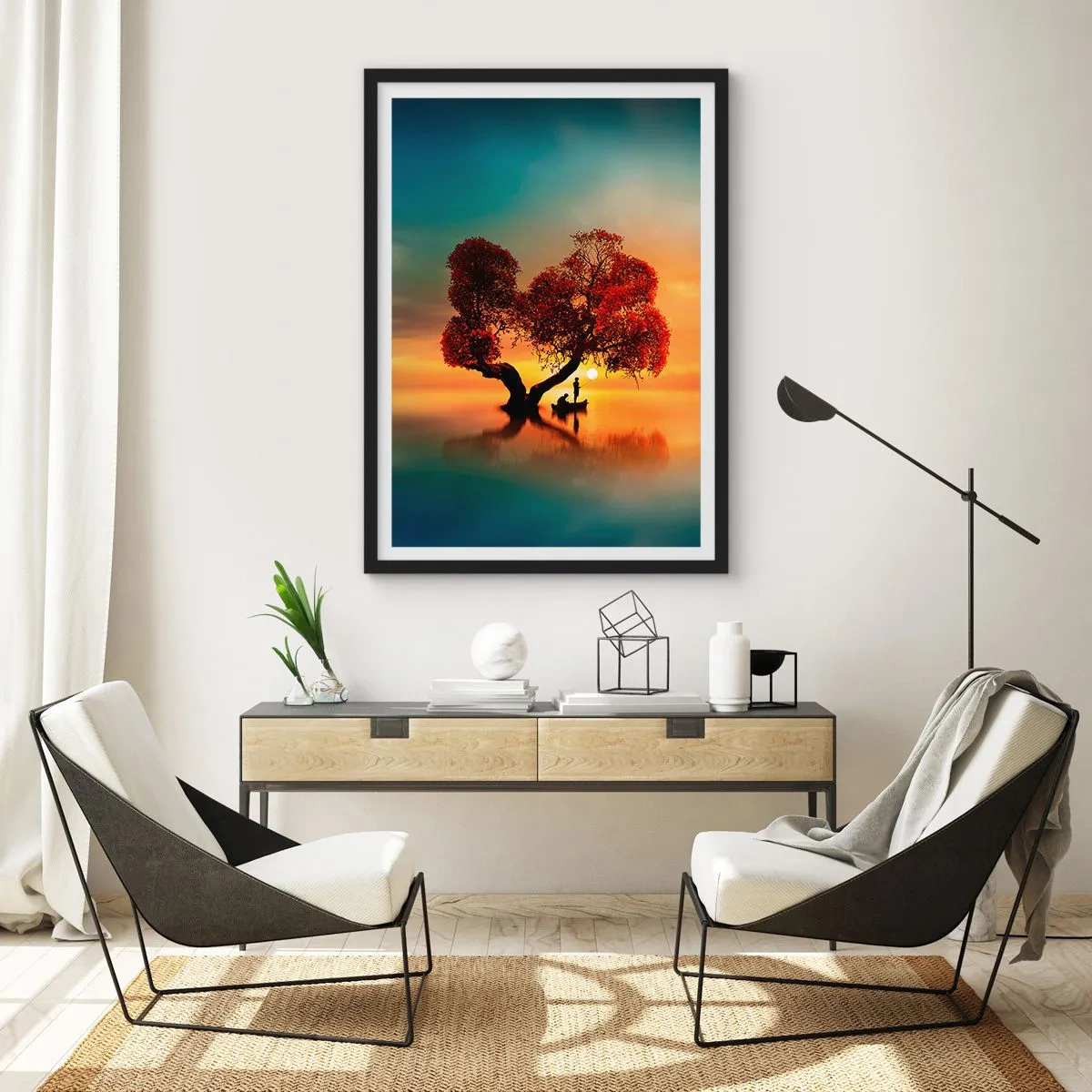 Póster en marco negro - Árbol en forma de corazón al atardecer - 50x70cm - La lejanía y el silencio del mundo - Decoración de pared moderna para salón y dormitorio ARTTOR