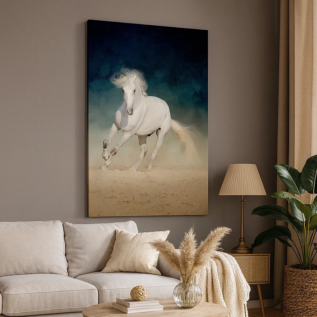 Cuadro sobre lienzo - Impresión de Imagen - Un caballo blanco galopando contra un cielo borroso - 50x70cm - Libertad en estado puro - Decoración de pared moderna para salón y dormitorio ARTTOR