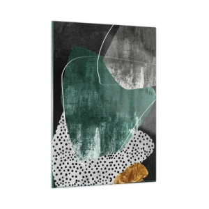 Cuadro sobre vidrio - Impresiones sobre Vidrio - Formas verdes con fondo negro y acento dorado. - 50x70cm - Abstracción colorista con un copo de oro - Decoración de pared moderna para salón y dormitorio ARTTOR