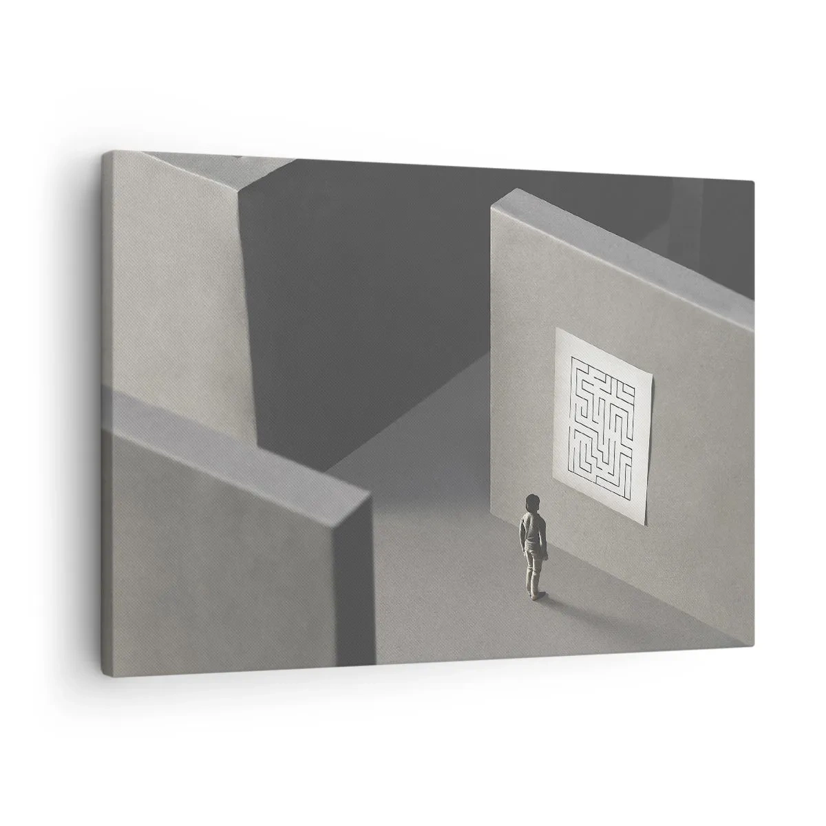 Cuadro sobre lienzo - Impresión de Imagen - Una figura en un laberinto mirando un mapa colgado. - 70x50cm - ¿Pero dónde estoy? - Decoración de pared moderna para salón y dormitorio ARTTOR