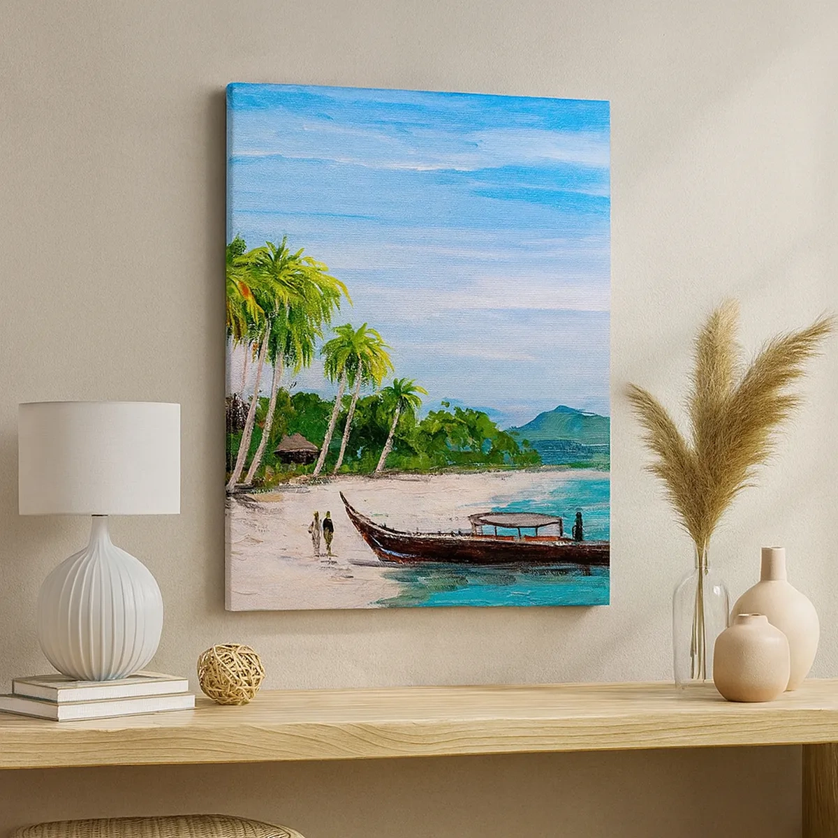 Cuadro sobre lienzo - Impresión de Imagen - Una playa exótica con palmeras y un barco en la orilla. - 50x70cm - Un sueño exótico - Decoración de pared moderna para salón y dormitorio ARTTOR