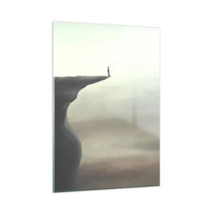 Cuadro sobre vidrio - Impresiones sobre Vidrio - Silueta de una persona parada en el borde de un acantilado sobre la niebla. - 50x70cm - Hacia arriba, ¡por supuesto! - Decoración de pared moderna para salón y dormitorio ARTTOR
