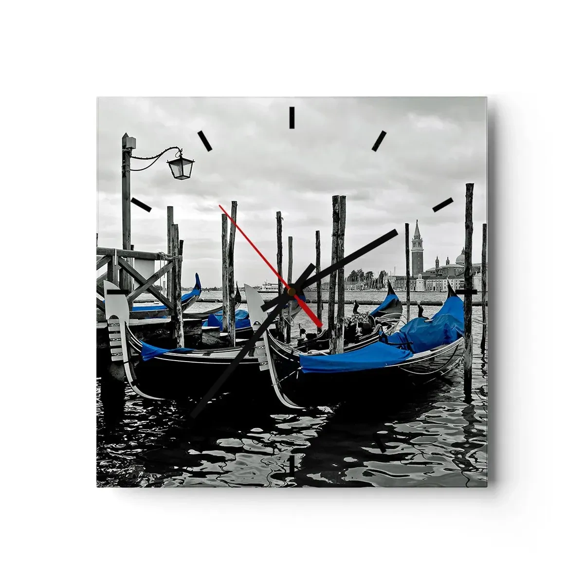 Reloj de pared - Reloj de vidrio - Góndolas en Venecia con cubiertas azules - 30x30cm - Venecia en el pensamiento - Decoración de pared moderna para salón y dormitorio ARTTOR